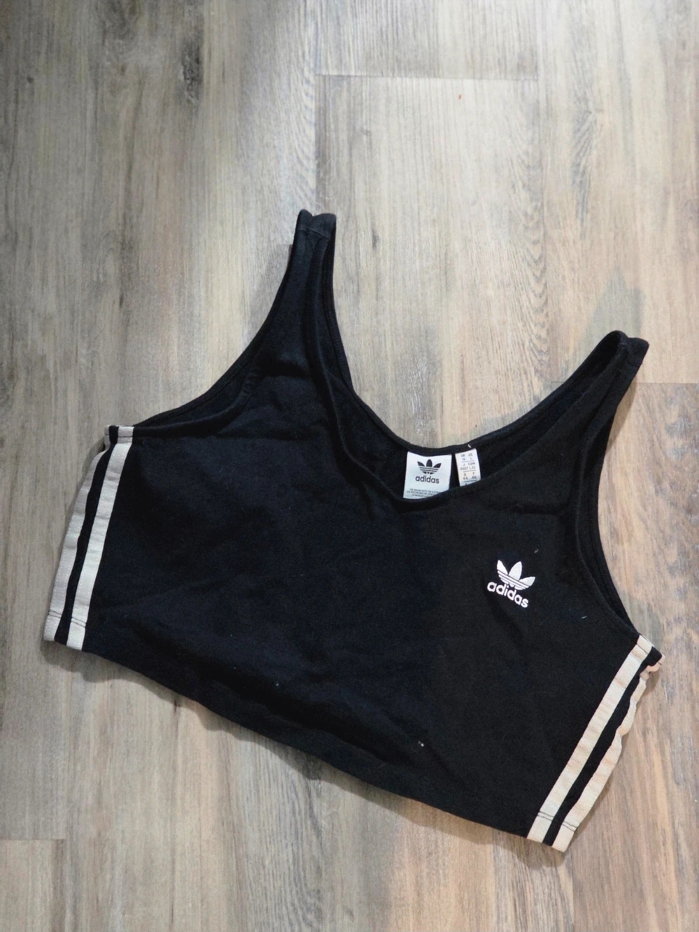 adidas Black Cropped Tank with White Trefoil and Side Stripes